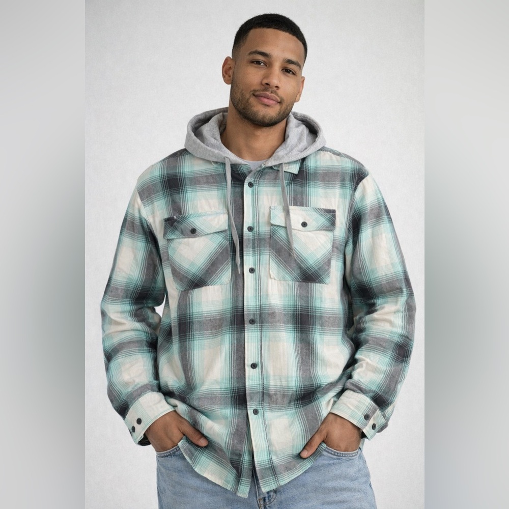 No Boundaries Gray and Teal Plaid Shirt